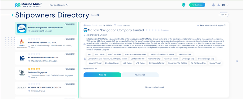 Shipowners Directory on JobMarineMan: operators present their fleet and open positions directly to seafarers