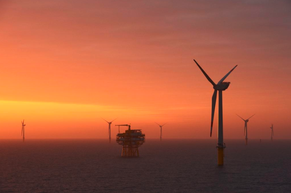 A photo of Trianel Windpark Borkum in sunset