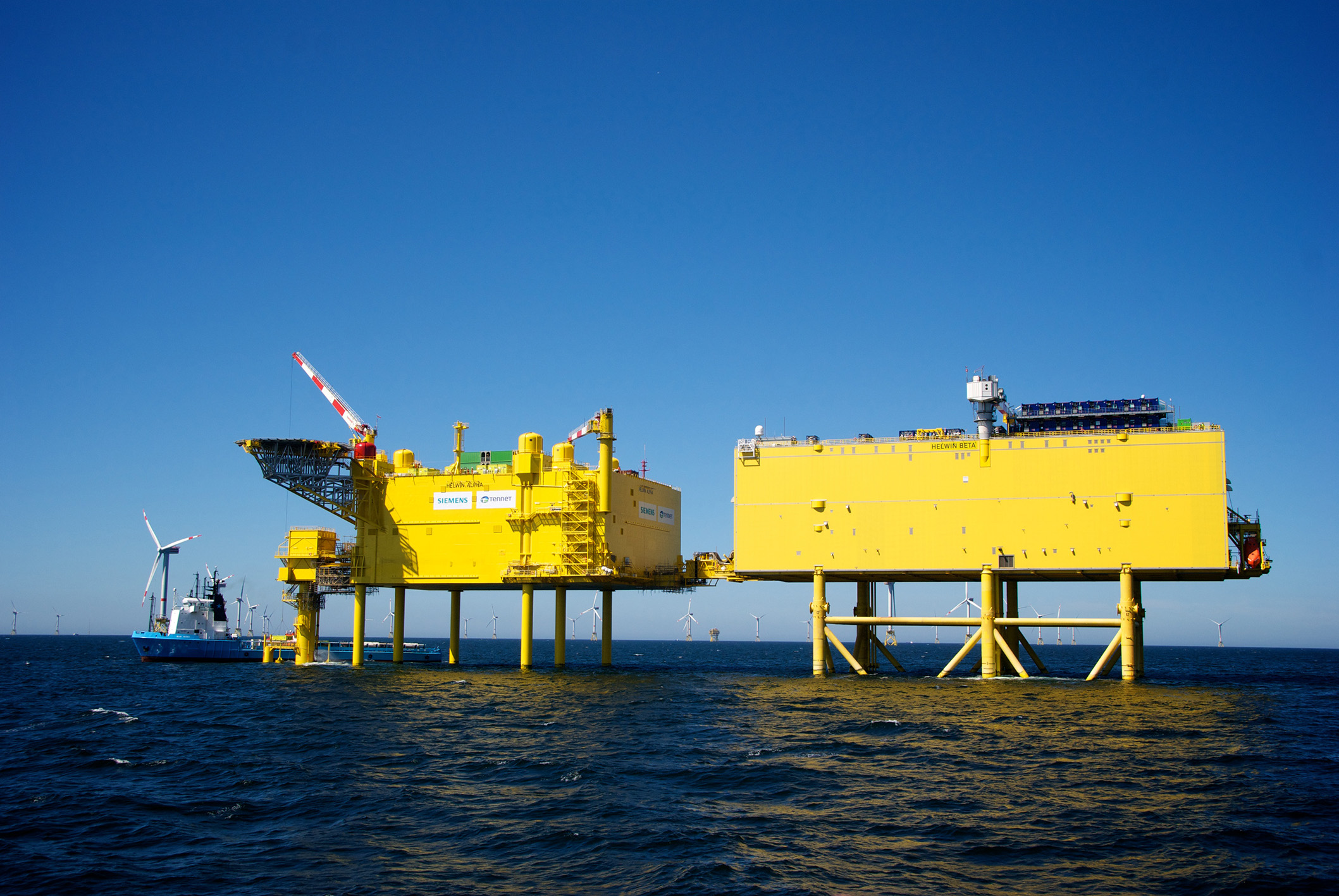 A photo of HelWin Alpha and Beta Platforms in the North Sea