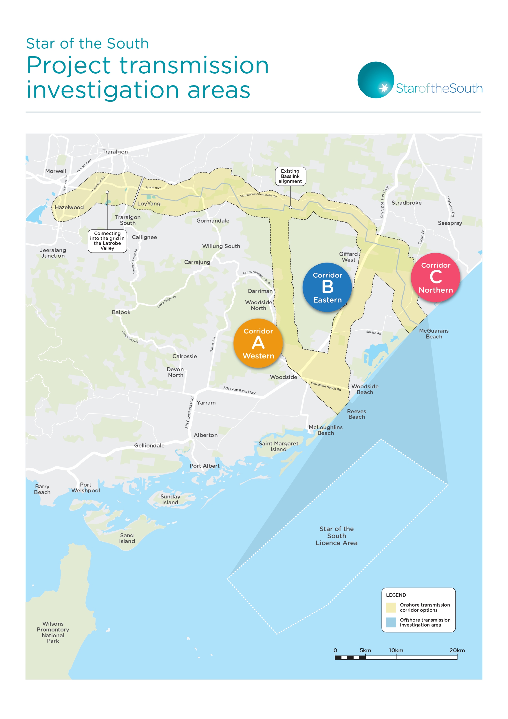 An image of a map pinpointing each of the three transmission corridors for Star of the South