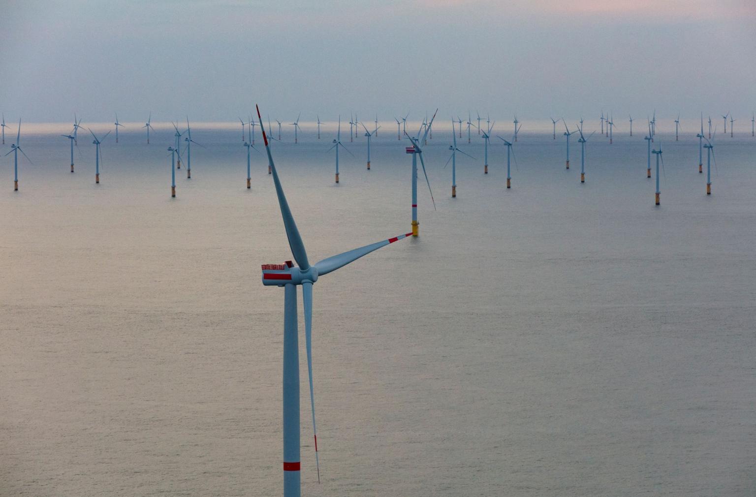 A photo of an offshore wind farm, illustration