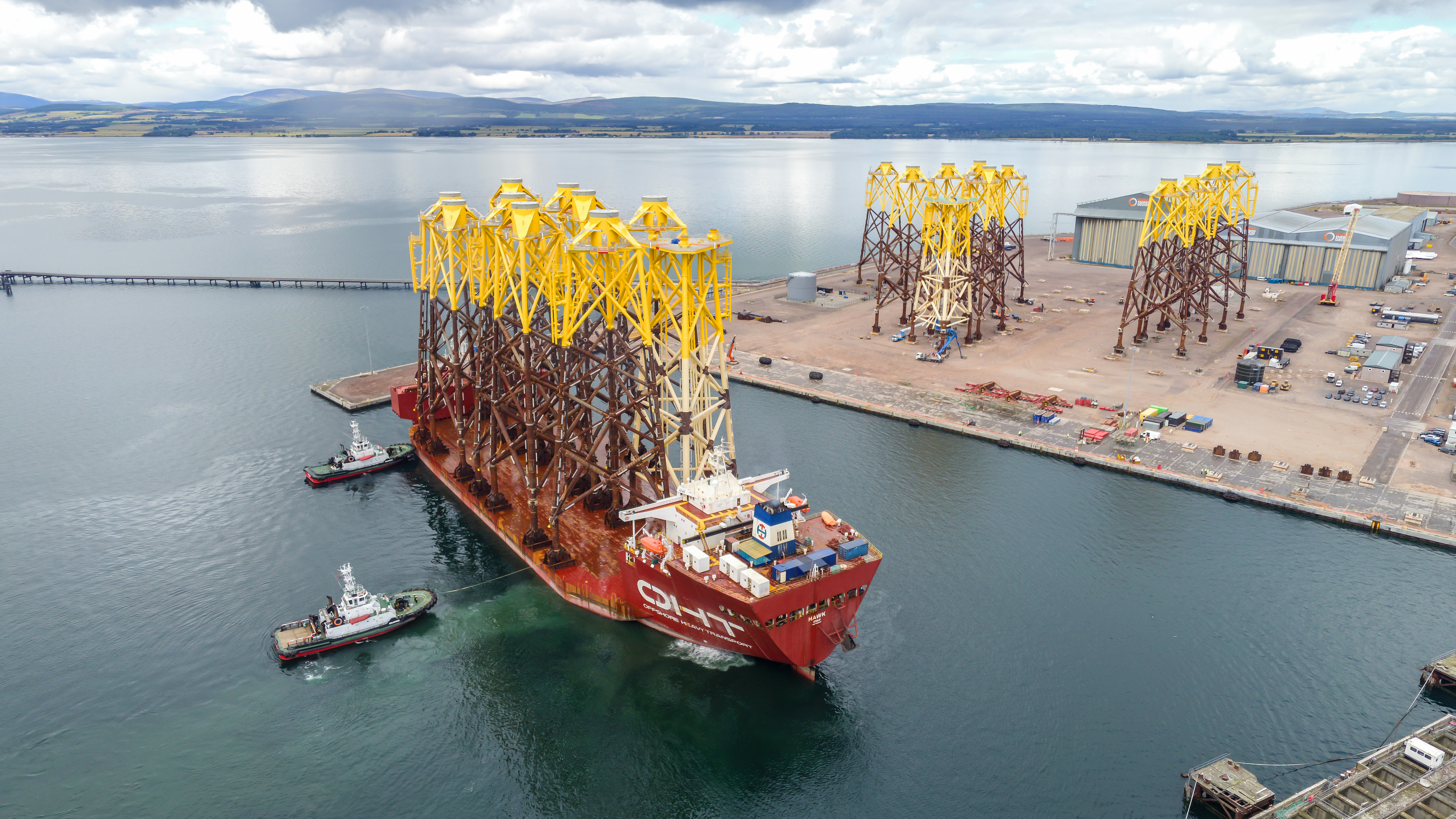 OHT's heavy load vessel Hawk bringing Moray East jackets to Nigg