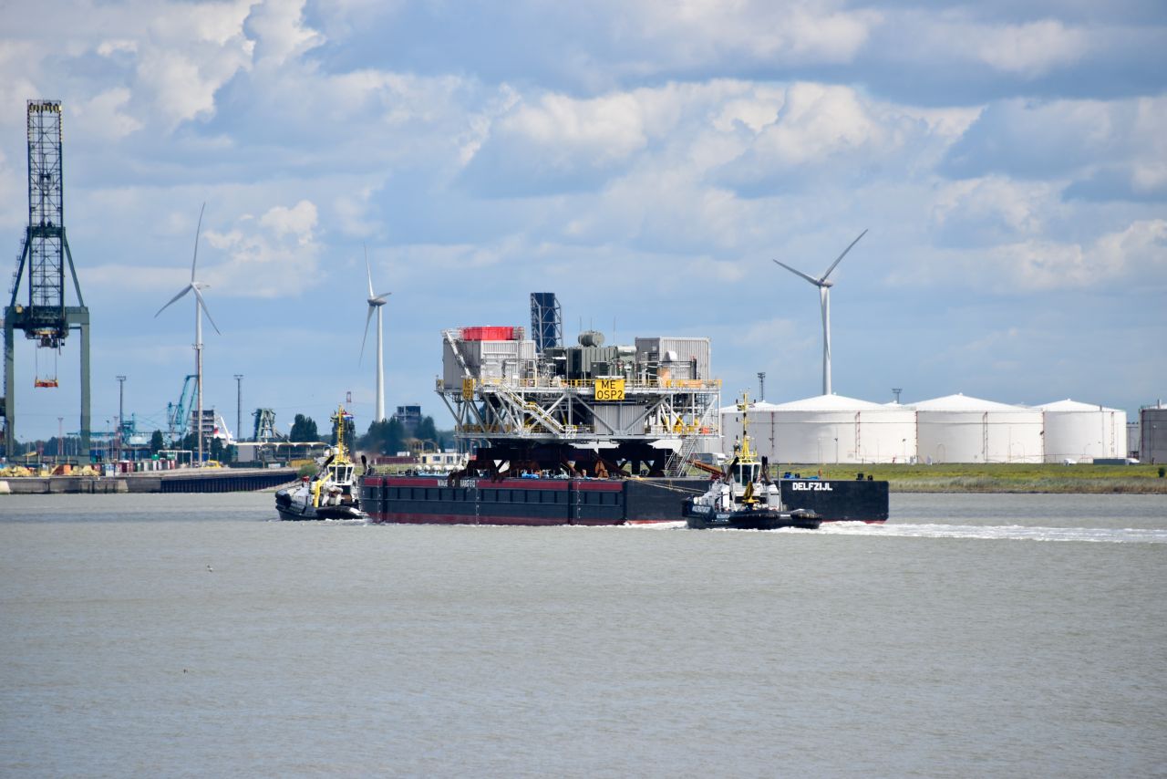 Second Moray East OTM on board a barge starting journey to the UK from Antwerp in Belgium