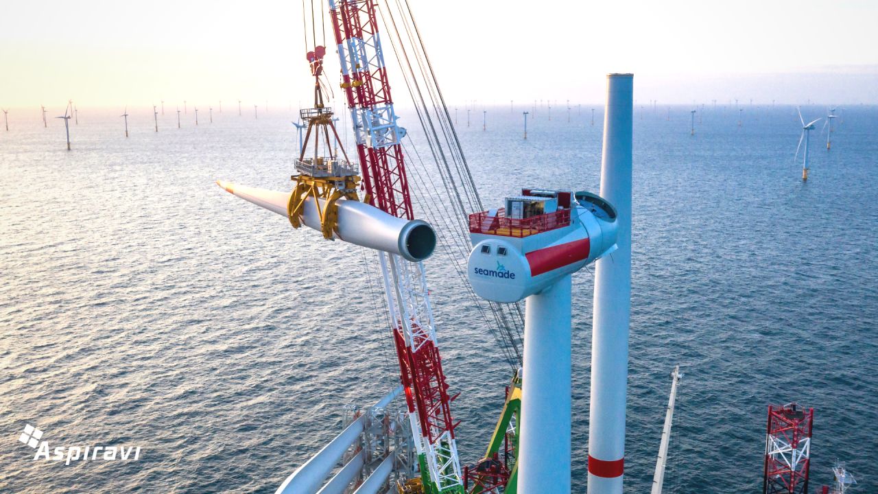 A blade being installed at a SeaMade wind turbine