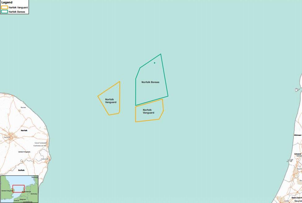 An image showing Norfolk Vanguard and Norfolk Boreas project sites on a map