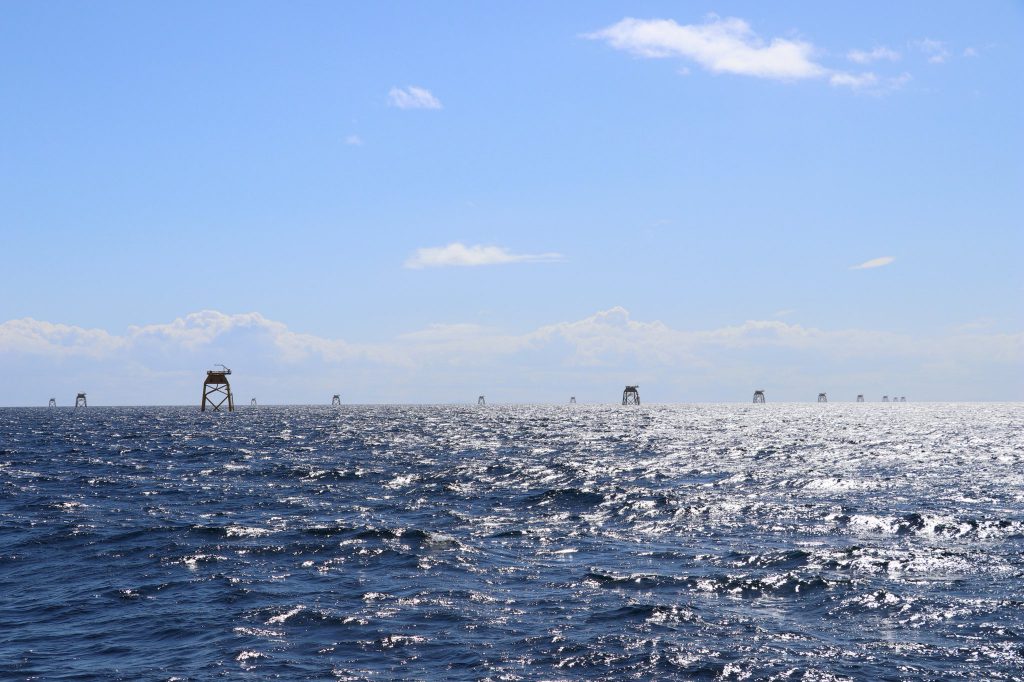 A photo of the Beatrice offshore wind farm site with jacket foundations installed