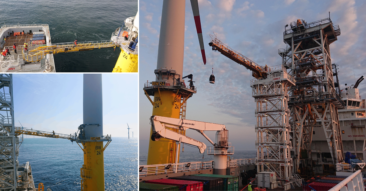 Image combination showing the SMST gangway from three different perspectives on board Skandi Constructor connecting to an offshore wind turbine