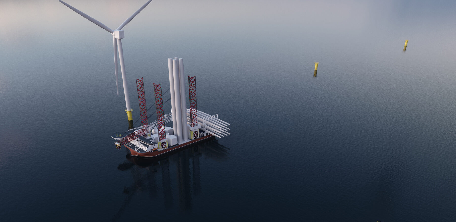 An artist impression of Atlas A-clas vessel installing offshore wind turbines