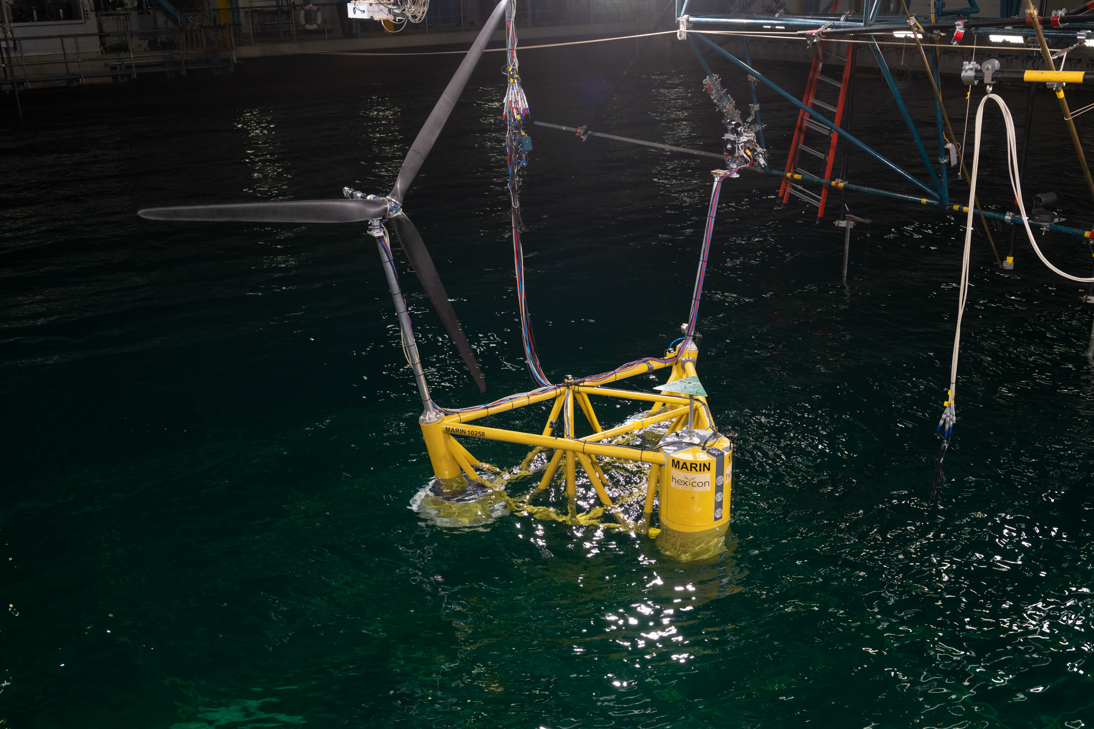 A photo of Hexicon's TwinWay model turbine at the MARIN centre in the Netherlands