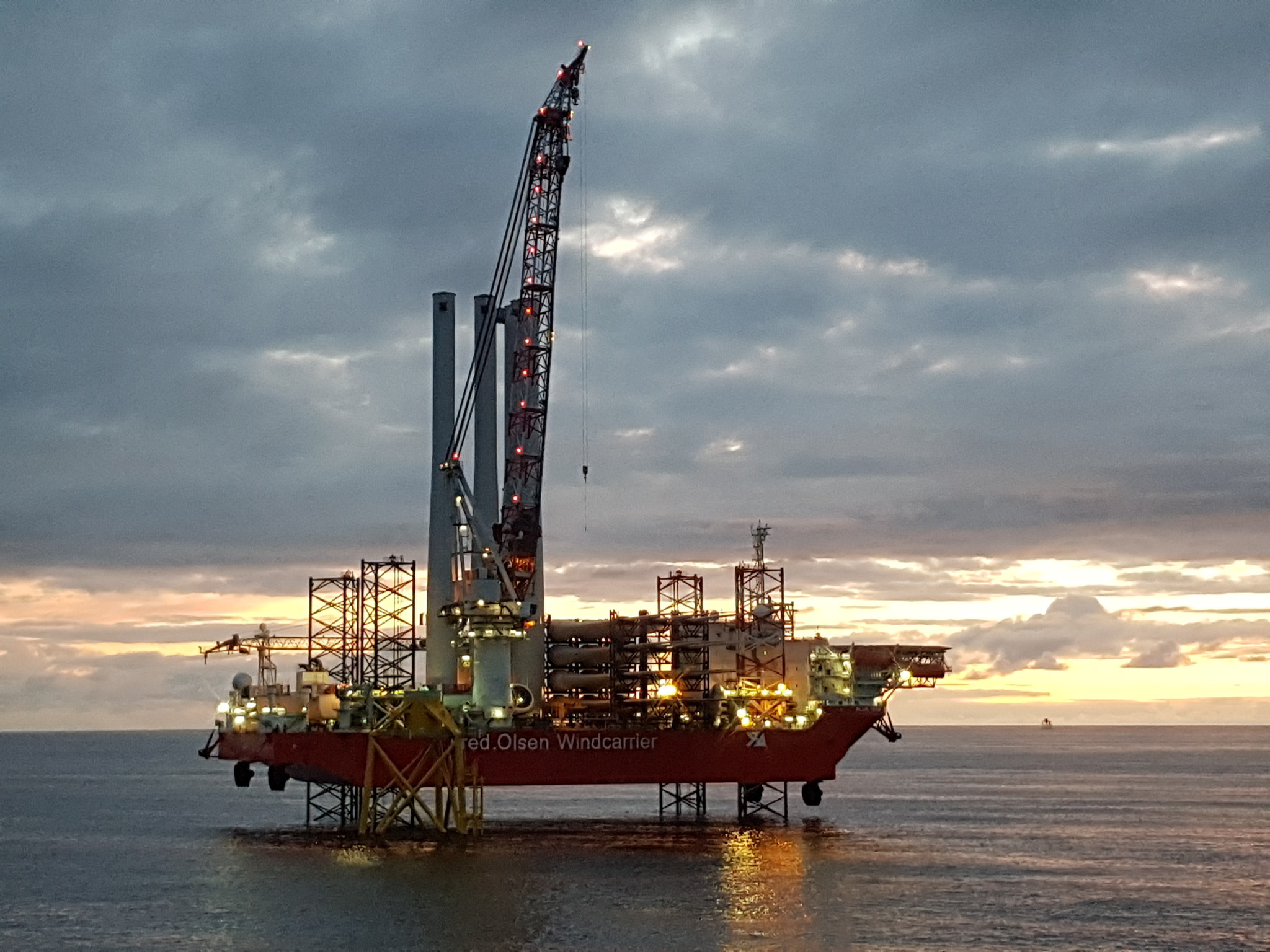 A photo of the Blue Tern installation vessel at Moray East offshore wind farm