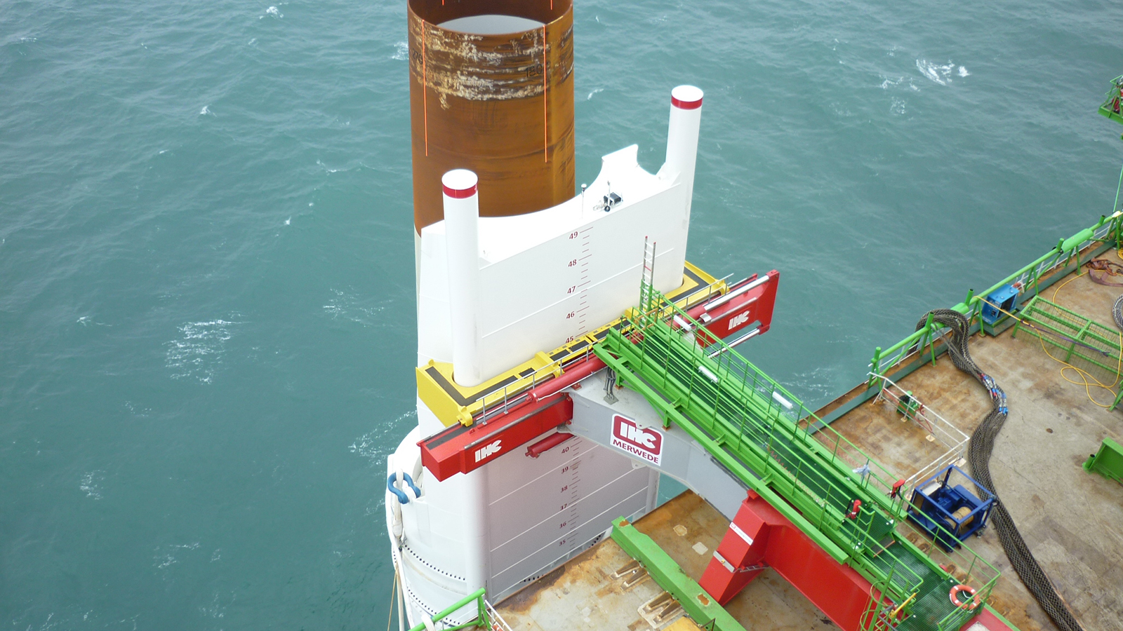 A photo of IHC IQIP noise mitigation system deployed during monopile installation