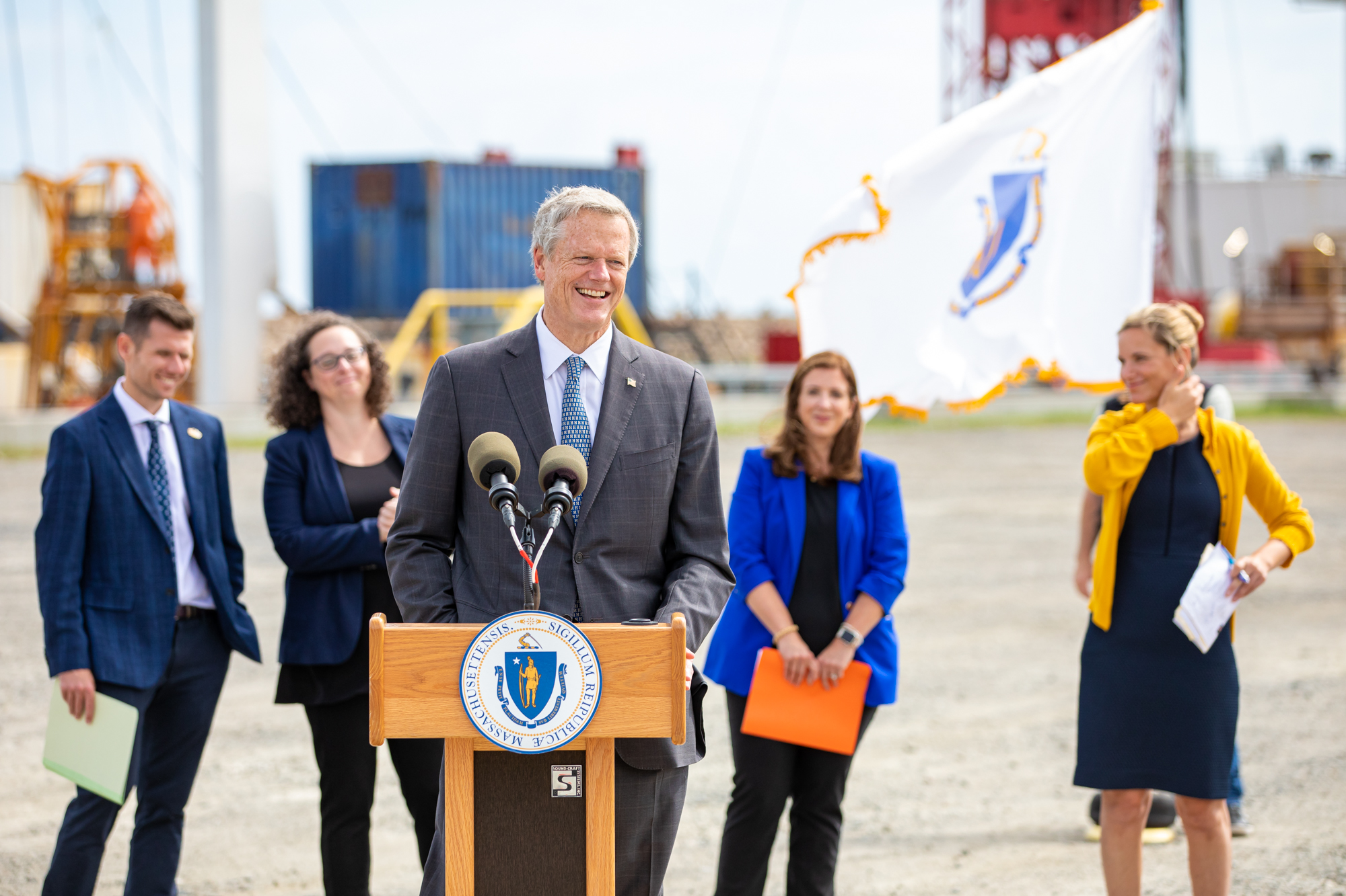 A photo of Massachusetts Governor Charlie Baker at New Bedford Marine Terminal