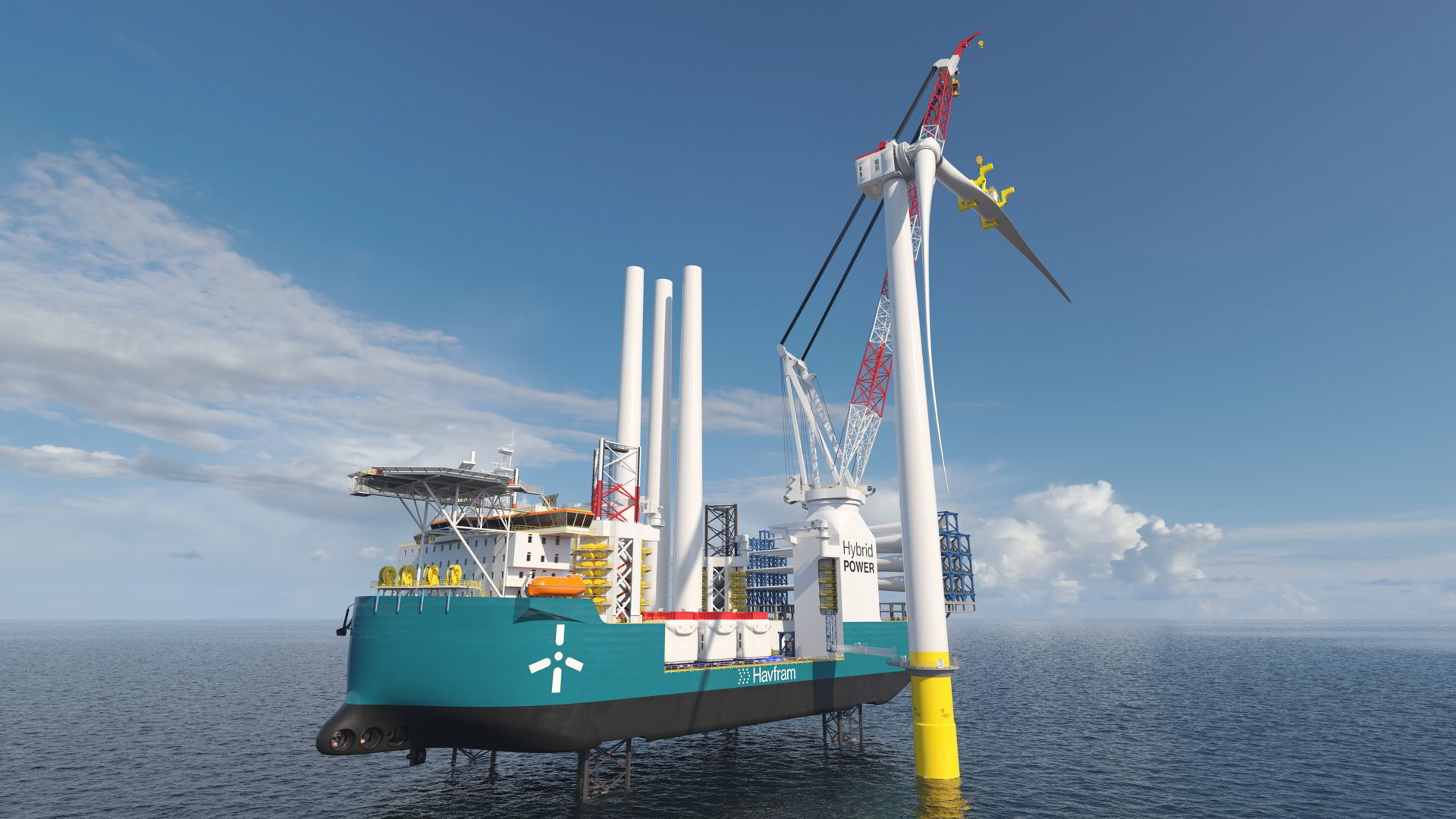 An artist impression of Havfram's new wind turbine installation vessel at work