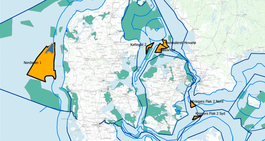 An image mapping possible alternative areas for Denmark's second large scale offshore wind farm