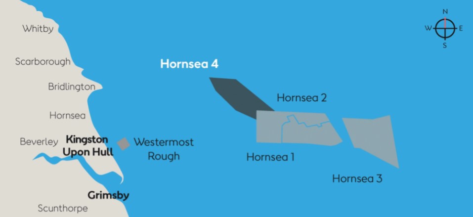 An image mapping Hornsea Zone offshore wind farms, including Hornsea Four