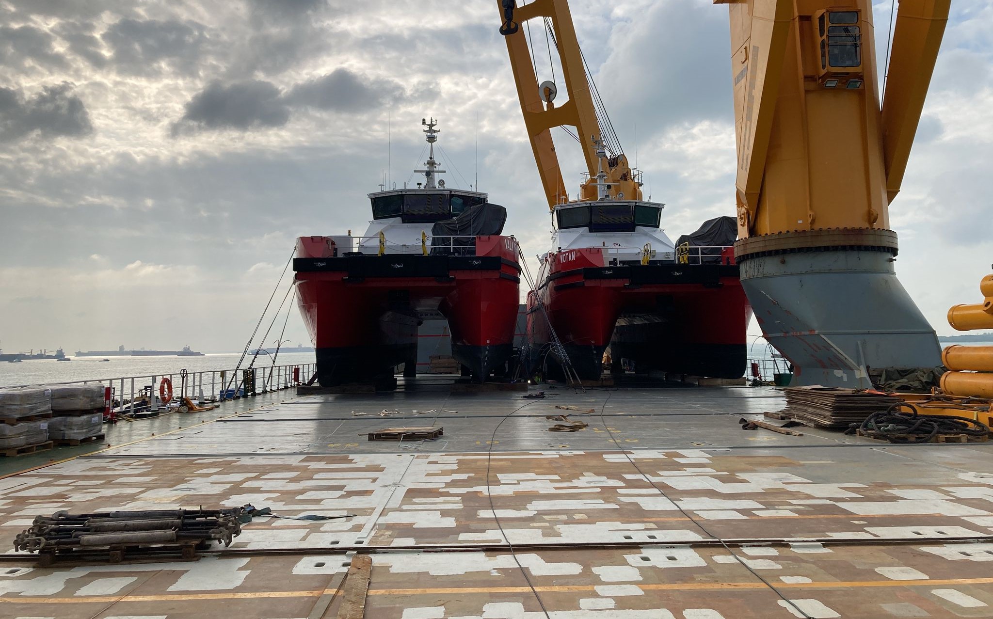 Opus Marine's CTVs Valkyrie and Wotan on board heavy lift carrier