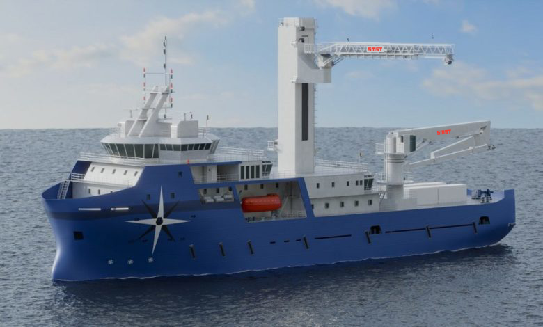 A render of Marco Polo Marine CSOV with SMST's mission equipment, including gangway TAB-L and 3D crane