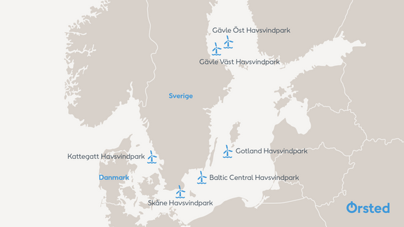 Image map with all Ørsted's offshore wind projects in Sweden