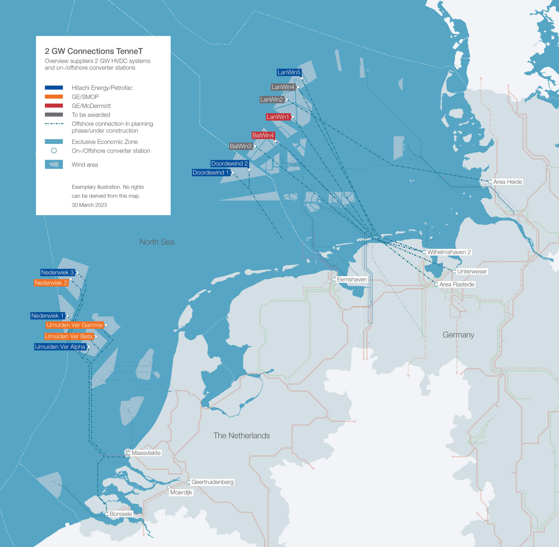 An image showing a map of TenneT's offshore grid connections in Germany and the Netherlands