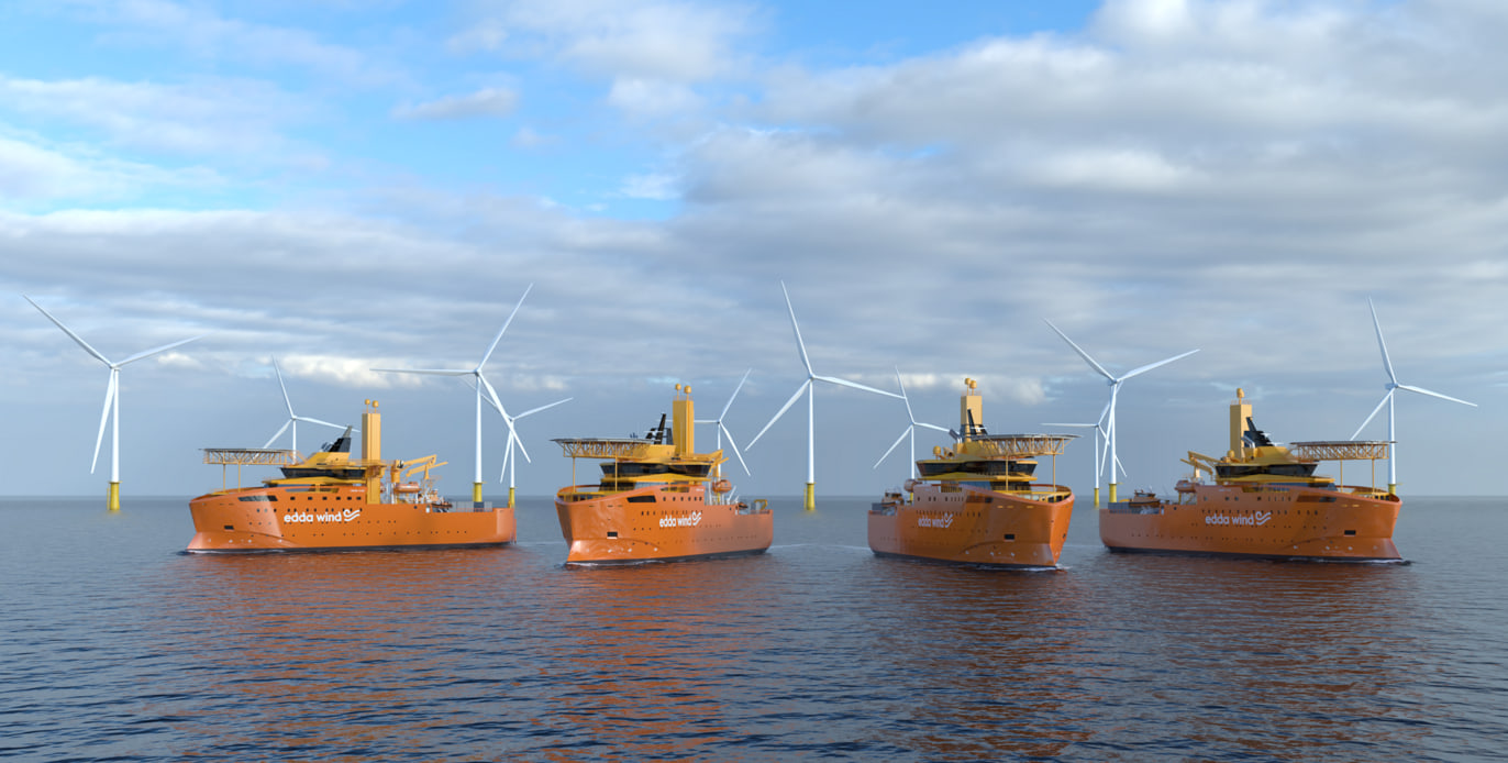 An image rendering four new Edda Wind commissioning service vessels at an offshore wind farm