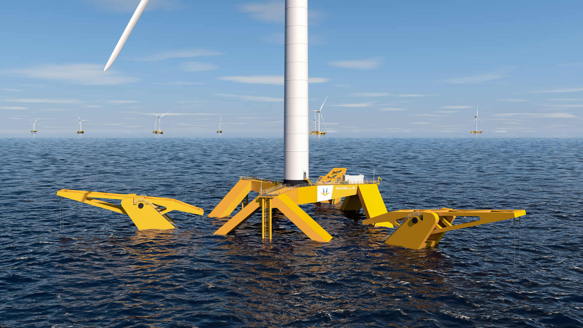 An image render of Gazelle Wind Power floating wind platform at sea