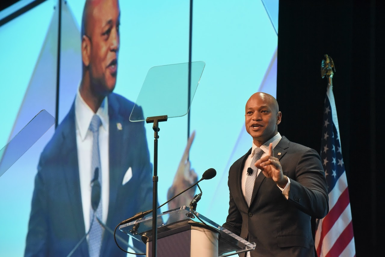 A photo of Maryland Governor Wes Moore during his keynote speech at IPF offshore wind conference