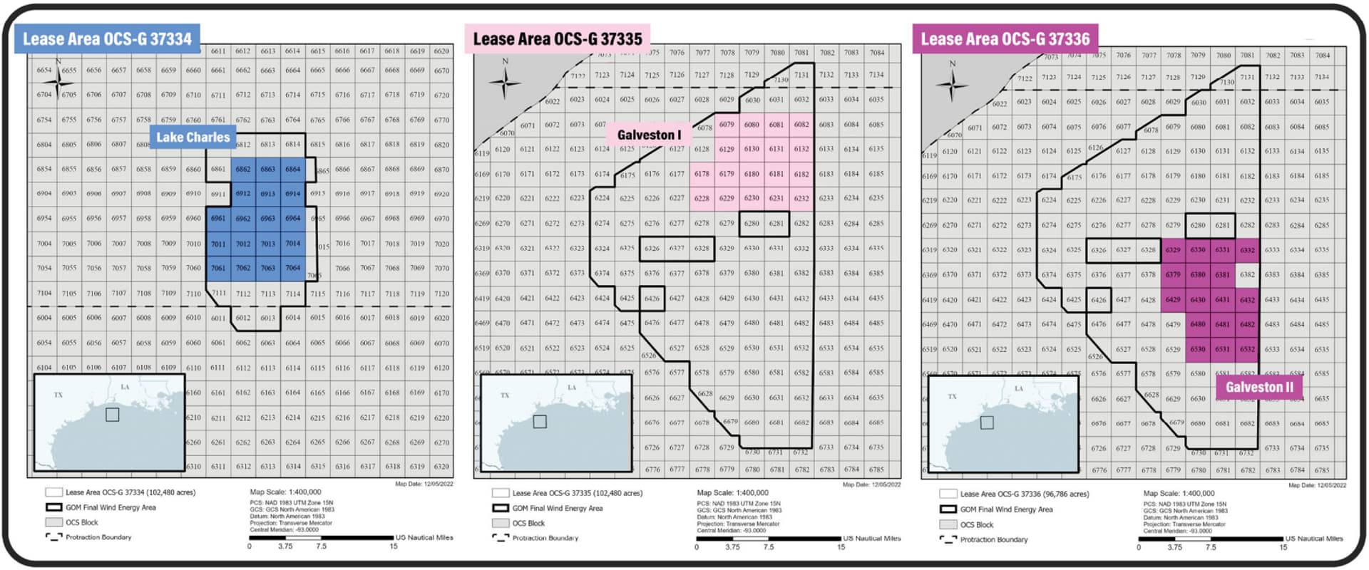 Maps of Gulf of Mexico wind lease areas offshore Louisiana and Texas; Image: BOEM