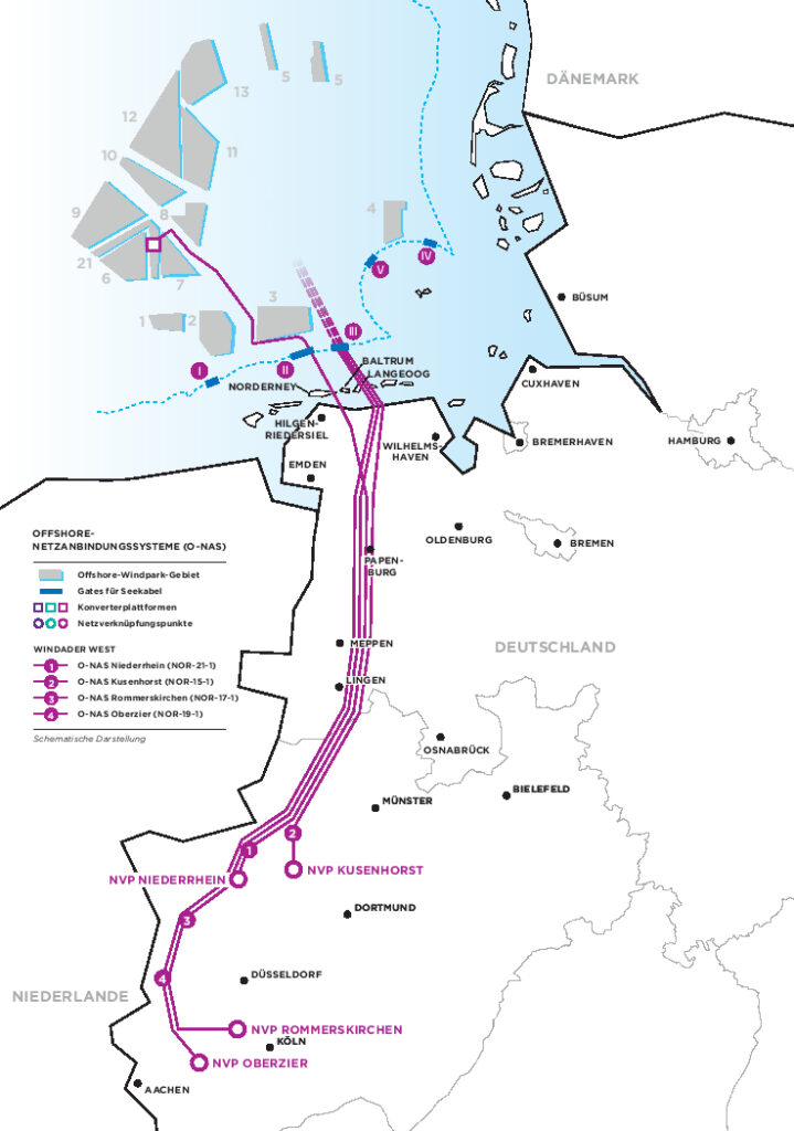 A map of the Windader West energy corridor with offshore and onshore cable lines highlighted