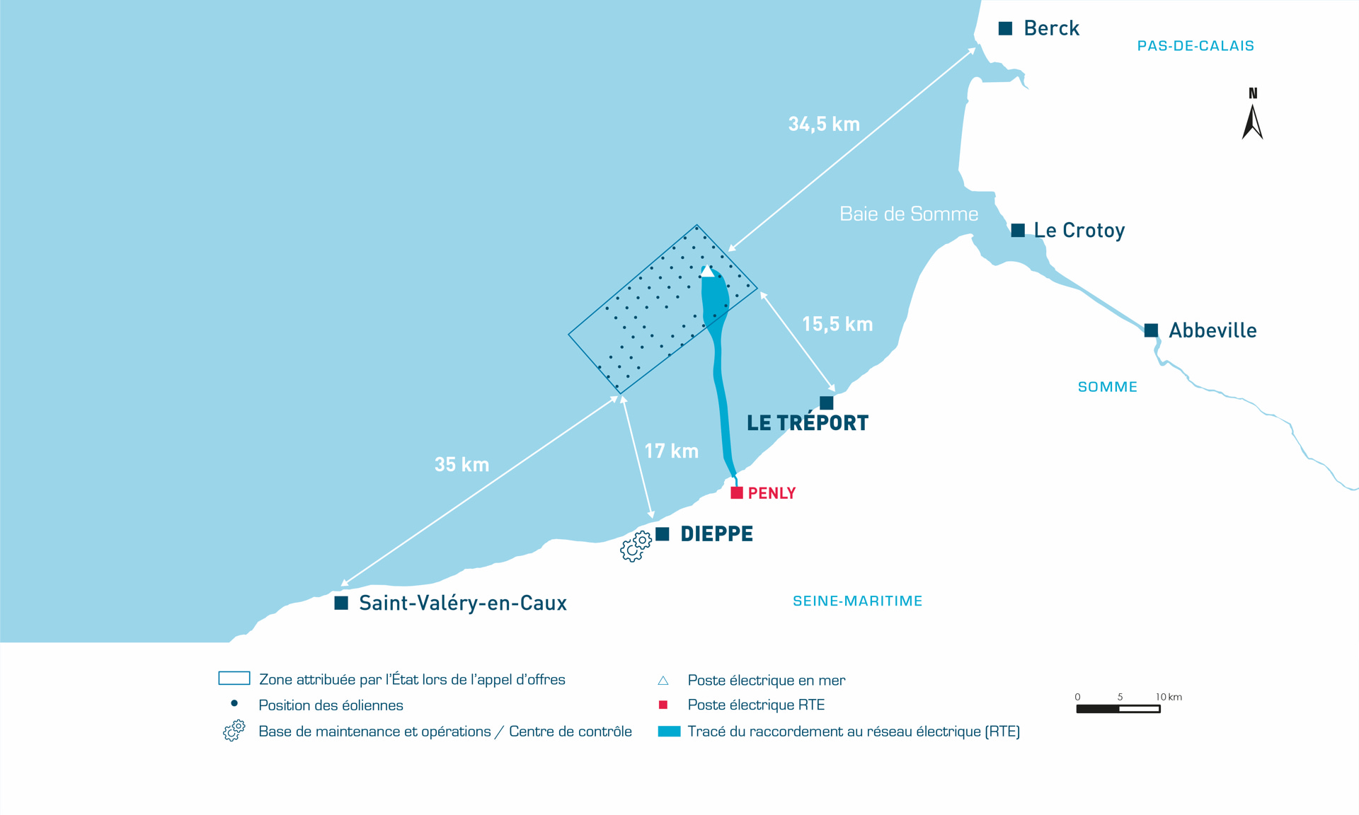 A map showing Dieppe Le Treport offshore wind farm location