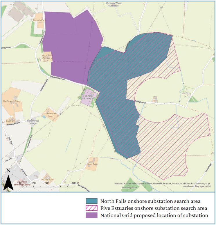 Map showing the search areas for the North Falls and Five Estuaries onshore substations along with the proposed location of the National Grid substation