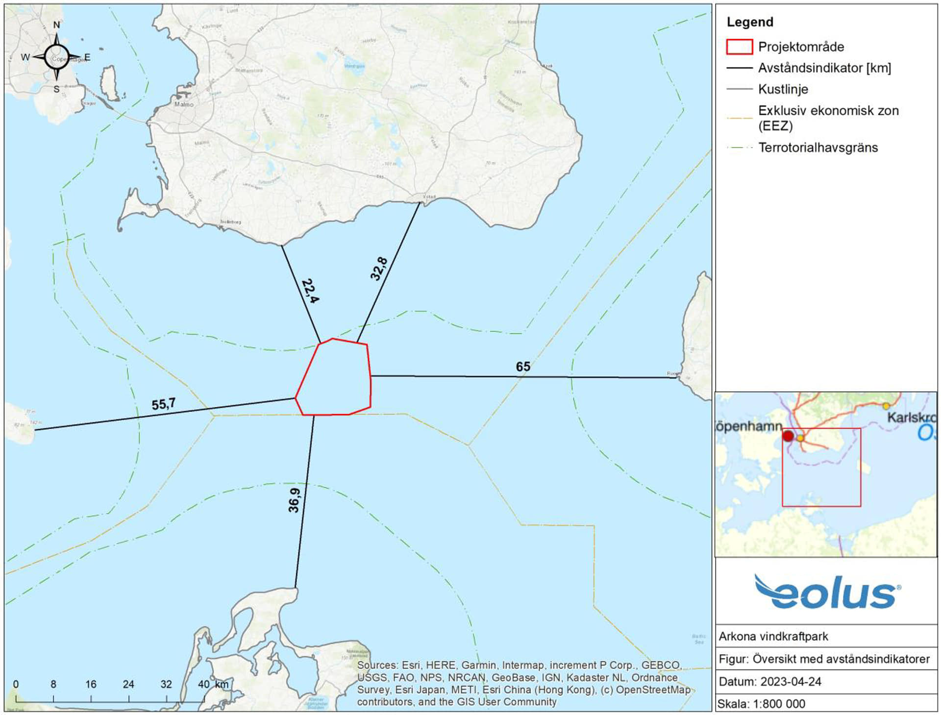 An image showing the Location of the Arkona offshore wind farm in Sweden on a map