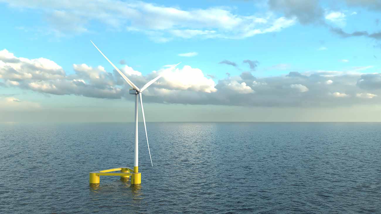 An illustration of a Firefly/Bandibuli floating offshore wind turbine
