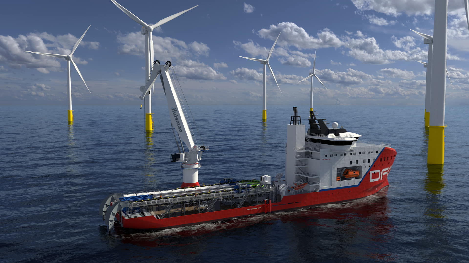 A visualization of a DFO vessel with Huisman cable-lay system onboard